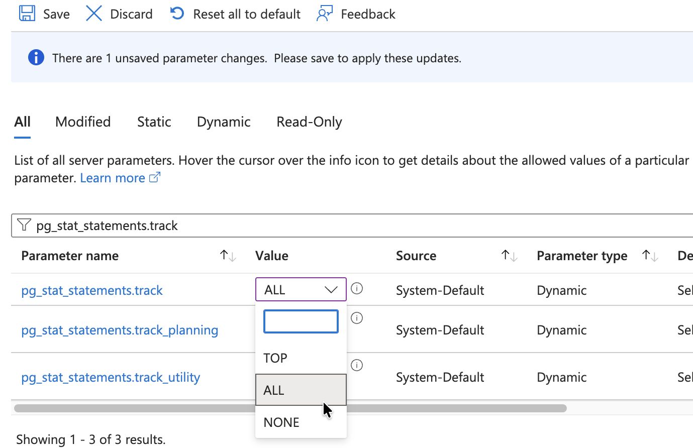 Enable pg_stat_statement.track