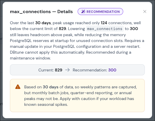 max_connections recommendation details modal