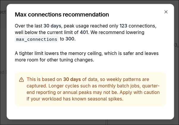 Max connections recommendation modal