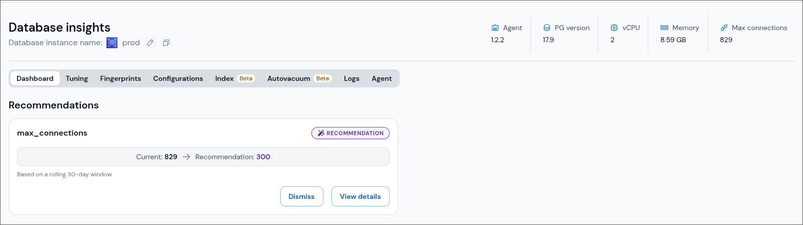 Recommendations section on the Database dashboard with a max_connections card